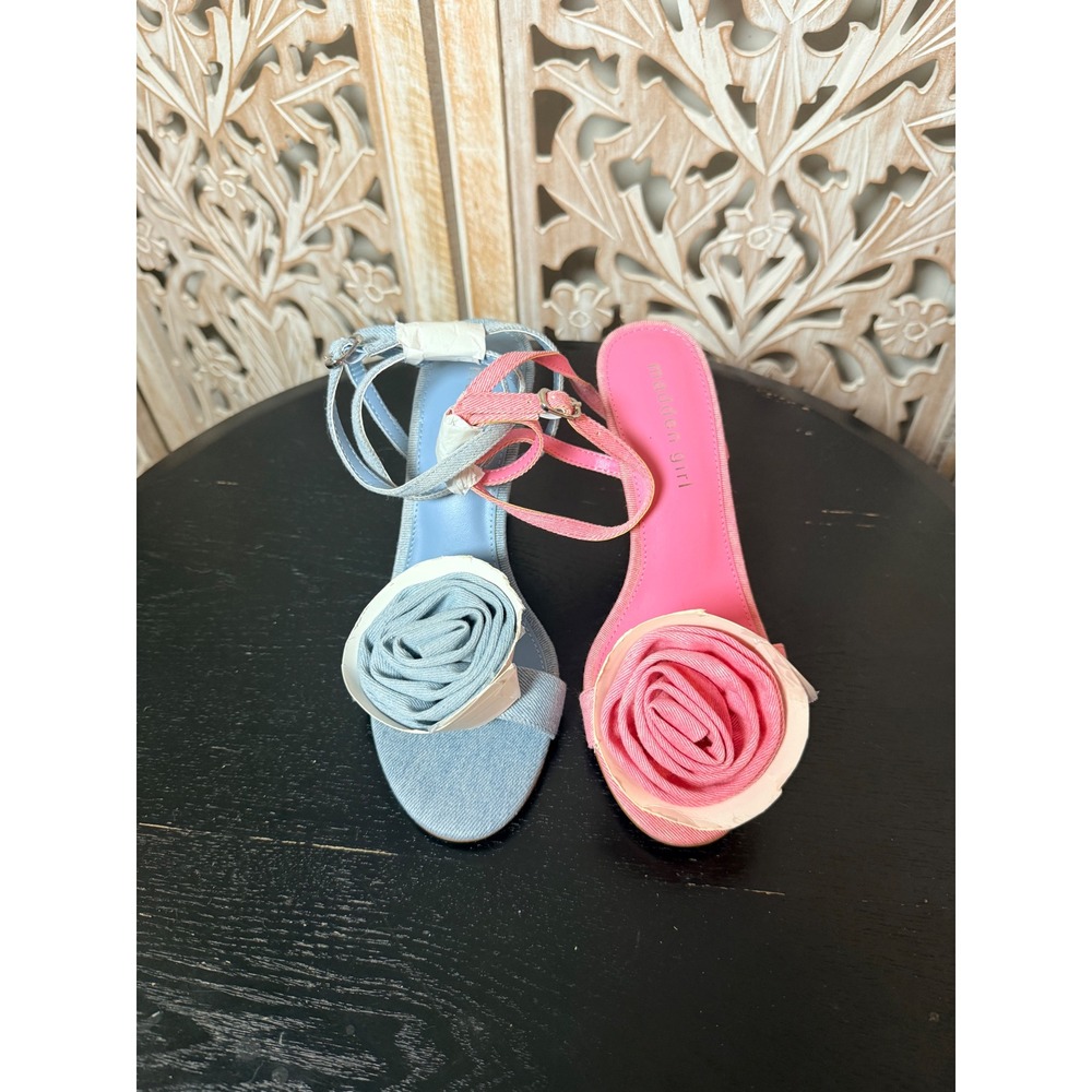 Madden Girl Mismatched Denim Rosette Heeled Sandals Pink Blue Stiletto